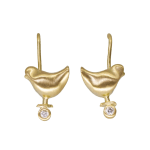 18k yellow gold bird earrings with bezel set diamonds by Fringe Gallery studio jeweler Sandra Frias