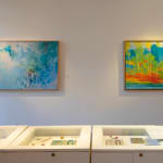 "Boulder River View", an abstract forest landscape oil painting by Slate Gray Gallery Artist Marshall Noice hanging on the wall
