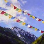 Pastel painting of Ballard peak with prayer flags by slate gray gallery artist Bruce A Gomez