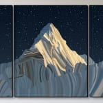 digital painting triptych of Mount Everest with a crescent moon