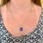 Blue Sea Glass on Gold Cap Necklace by Fringe gallery studio jeweler Marki Knopp
