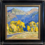 Oil on linen painting in a frame of mountains and yellow trees by slate gray gallery artist Julee Hutchison
