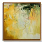 Abstract oil painting with greens, whites, oranges, and grays by slate gray gallery artist Karen Scharer