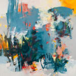 Abstract oil painting with blues, whites, oranges, and grays by slate gray gallery artist Karen Scharer