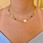 Gold Petal Necklace with Blue Sapphires by Slate Gray Gallery studio jeweler Barbara Heinrich