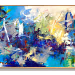 Abstract oil painting with blues, whites, greens, and yellows by slate gray gallery artist Karen Scharer
