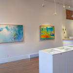 "Boulder River View", an abstract forest landscape oil painting by Slate Gray Gallery Artist Marshall Noice hanging on the wall