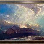 Oil painting by slate gray gallery artist Gordon brown of mountians with an abstract background