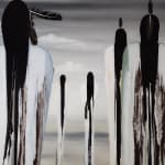 An abstract view of Native Americans walking off in the distance made with acrylic, resin, and feathers on canvas by Fringe Gallery artist Fran J Nagy