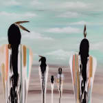 "Sacred White Buffalo Tribe" an abstract view of Native Americans walking off in the distance made with acrylic, resin, and feathers on canvas by Fringe Gallery artist Fran J Nagy