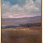 "Across the Water", an abstract landscape oil painting in a frame by slate gray gallery artist Sylvia Benitez