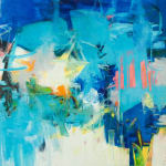 Abstract oil painting with blues, whites, pinks, and grays by slate gray gallery artist Karen Scharer