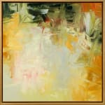 Abstract oil painting with greens, whites, oranges, and grays by slate gray gallery artist Karen Scharer
