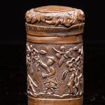 Antique Chinese Opium Box in hammered Brass, Decorated with a Scene of a Rider in a Landscape,