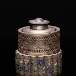 Spectacular Antique Chinese Opium Lamp with a Round Silver Base that is Multi-lobed and elaborated in Cloisonné. The Copper Lamp...