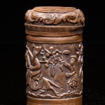 Antique Chinese Opium Box in hammered Brass, Decorated with a Scene of a Rider in a Landscape, 19th Century