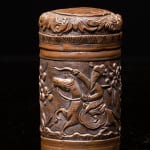 Antique Chinese Opium Box in hammered Brass, Decorated with a Scene of a Rider in a Landscape,