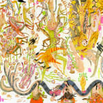 Detail shot of Mu Pan painting of animals and human hybrid creatures eating, fighting, sleeping, etc