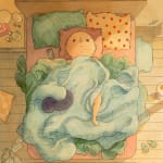 drawing of a figure laying in a messy bed