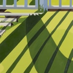 detail of Natalia Juncadella painting of white fence and grass with shadows cast over it