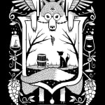 Black and white illustration of a crest like composition depicting a fox, bunches of grapes, bottles of wine, and a silhouette of a wine barrel and a fox glancing at dangling bunch of grapes hanging from a bare tree by artist Jeremy Fish
