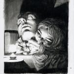drawing of two figures with enormous heads behind them by Miles Johnston