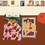 painting of a nude couple laying on a patterned rug beside an unmade bed with floral patterned bedding in the room there is a red chair and shelf full of paintings and various objects by Gina M. Contreras