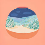 Danym Kwon - painting of a vase with solid pink background. On the vase painted a snow scene in forest, a white house with red roof in the center and in the end of the road, the sky is dark navy.