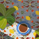 Natalia Juncadella painting of coffee cup and plants on background with birds and lemons