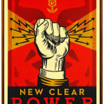 fist with a red background with a faint face and text "New clear power" on the bottom