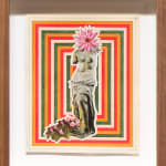 Collage of roman statue with a flower for a head with drawn red, orange, green and pink pattern rectangles in the background