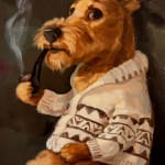 dog wearing a sweater smoking a grandfather pipe