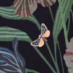 Detail of Oona Brangam-Snell hand-woven embroidery of large frog, flowers and fairy like women