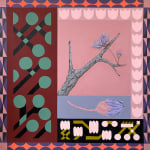 Painting with four blocks. In one block are two identical men with green brim hat and pants, in another is an abstract flower, in another is an abstract blue figure standing on its head with green polka dots.