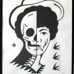 Painting of a face with half of the face being a skull, the other half is a woman with short curly hair smoking a cigarette wearing a cowboy hat, there are three birds next to the face.