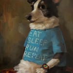 dog sitting upright with t-shirt that says "Eat. Sleep. Run. Repeat." and wearing an apple watch