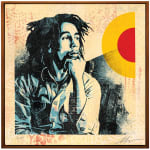 black and white portrait of Bob Marley on a textured beige background