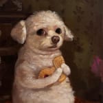 A painting of a white dog holding biscuits and cookies.