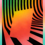 Rachel Strum - paint and resin piece, abstract gradient shapes in orange, green, yellow, pink and black with a gradient frame.