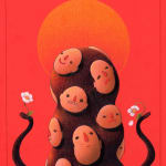 drawing of black blob figure with many human faces on it over a red background