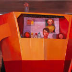 Painting of a studio set with children in a cardboard box with a large opening cut out that they are peering out of, the cardboard is painted bright orange with arms and hands that are in fists. Inside of the box you can see the children and behind them the walls are painted a light purple with a portrait of a man. In the foreground of the painting is a folding chair.