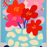 CHIAOZZA - painting of red and pink flowers coming out from a baby blue vase with light yellow spots.