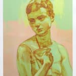 Painting of a woman with pixie short hair holding cup to chest looking off into the distance