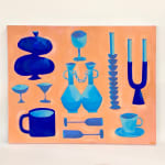 Jess Ackerman's painting of various cups and vases on an orange background