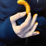 Painting of a persons hand and torso holding a Cheetos puff in between their pointer finger and thumb with Cheetos dust on their finger tips. They are wearing a dark blue hoodie with white strings