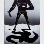Graphic painting of a shirtless man holding something in his hand and his shadow on the ground below him in a different standing position in black and white