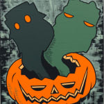 Painting of a black and green ghost coming out of a carved pumpkin on a green and black background