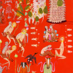 Detail shot of a painting by Mu Pan of creatures, animals and human hybrids eating, sleeping, killing, flying and climbing