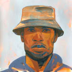 Dennis Brown's painting of a man wearing a bucket hat