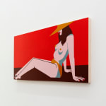 Painting of woman laying out in the sun topless with a big sun hat on on a red background by Jillian Evelyn